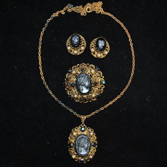 Vintage West Germany Black Glass Cameo Jewelry Set - Necklace, Brooch & Earrings